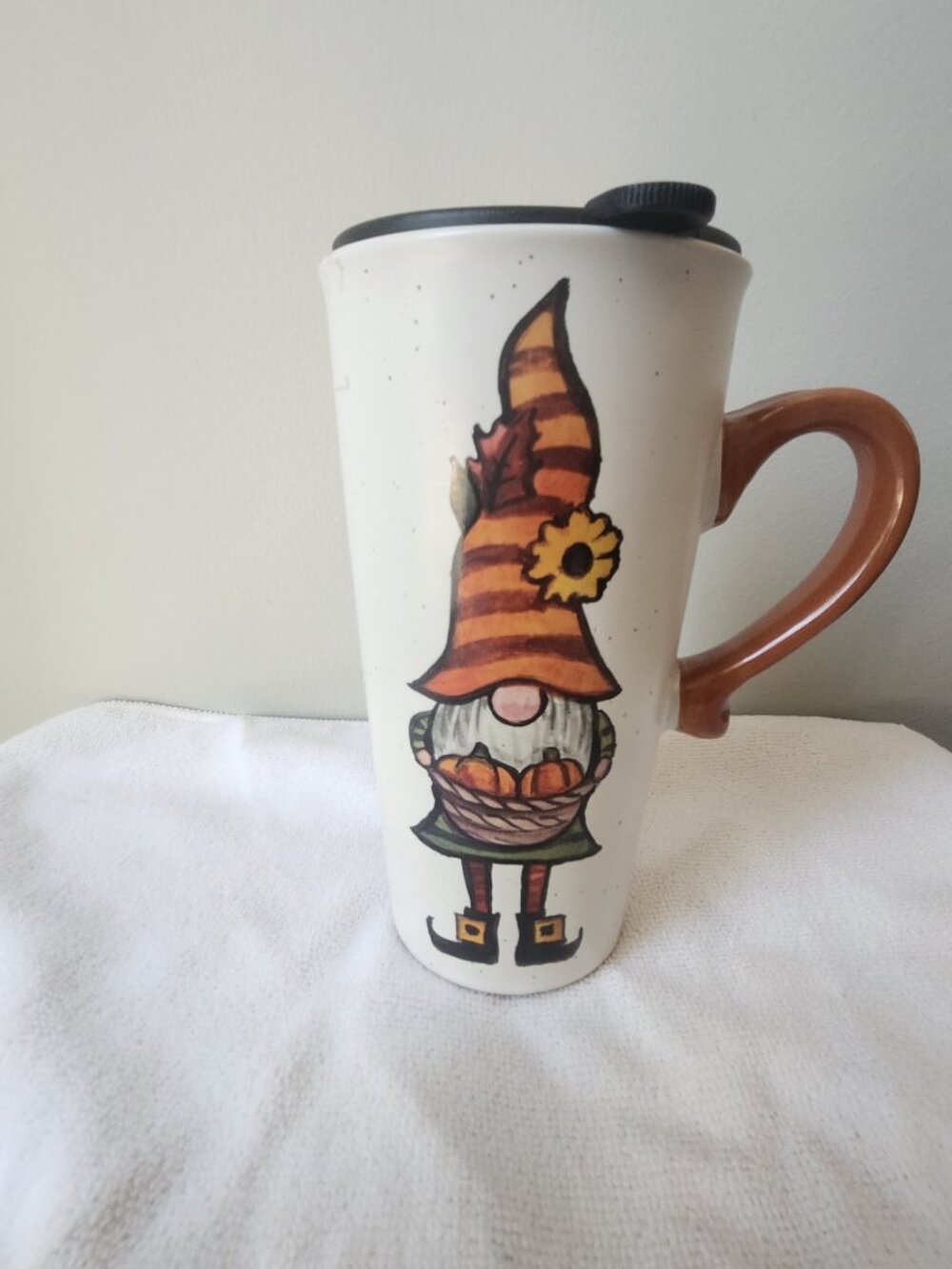 Halloween Gnome Ceramic Travel Mug Autumn Fall Pumpkin Lidded 20oz